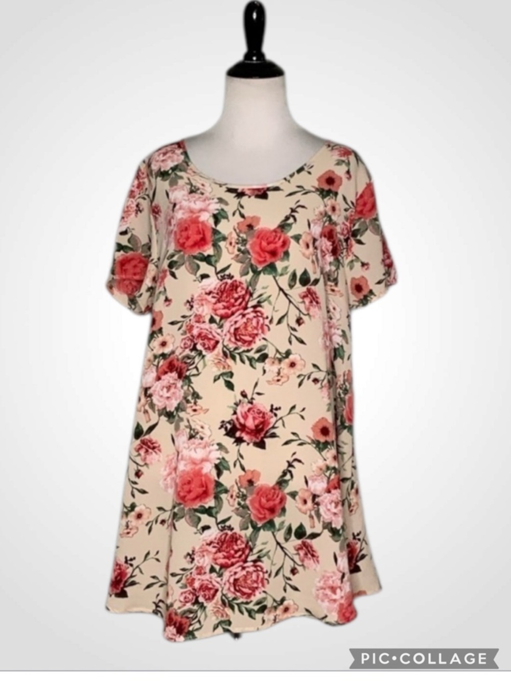 Misia Pink & Peachy Rose Floral Springtime Short Sleeve Casual Tunic M